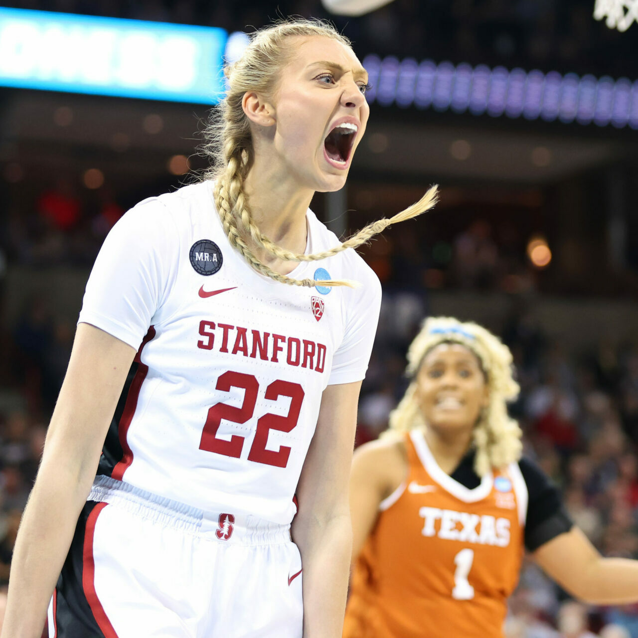 SPOKANE, WASHINGTON - MARCH 27: Cameron Brink #22 of the Stanford Cardinal celebrates during the third quarter against the Texas Longhorns in the NCAA Women's Basketball Tournament Elite 8 Round at Spokane Veterans Memorial Arena on March 27, 2022 in Spokane, Washington. (Photo by Abbie Parr/Getty Images)